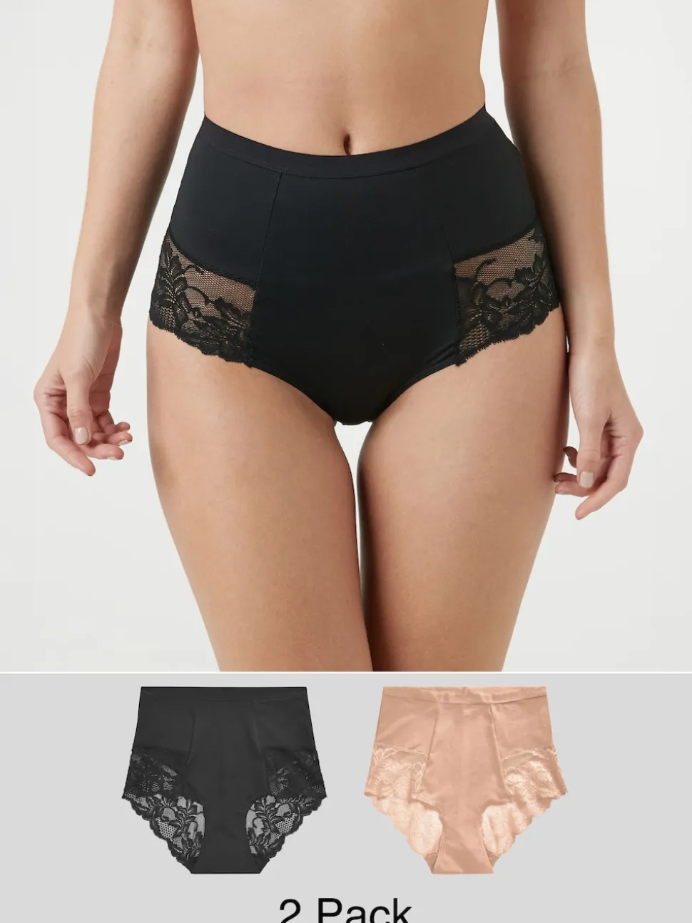 Black / Praline Nude Print Tummy Control Shaping Lace Back Brazilian Knickers 2 Pack