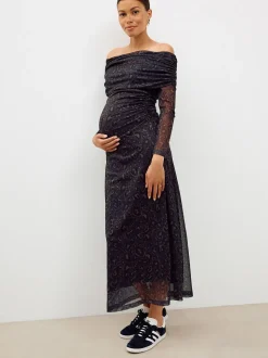 Black Animal Print Maternity Mesh Bardot Dress