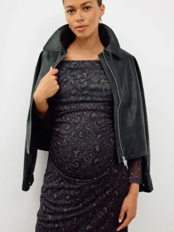 Black Animal Print Maternity Mesh Bardot Dress
