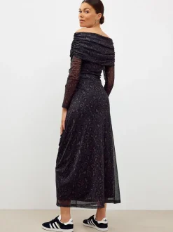 Black Animal Print Maternity Mesh Bardot Dress