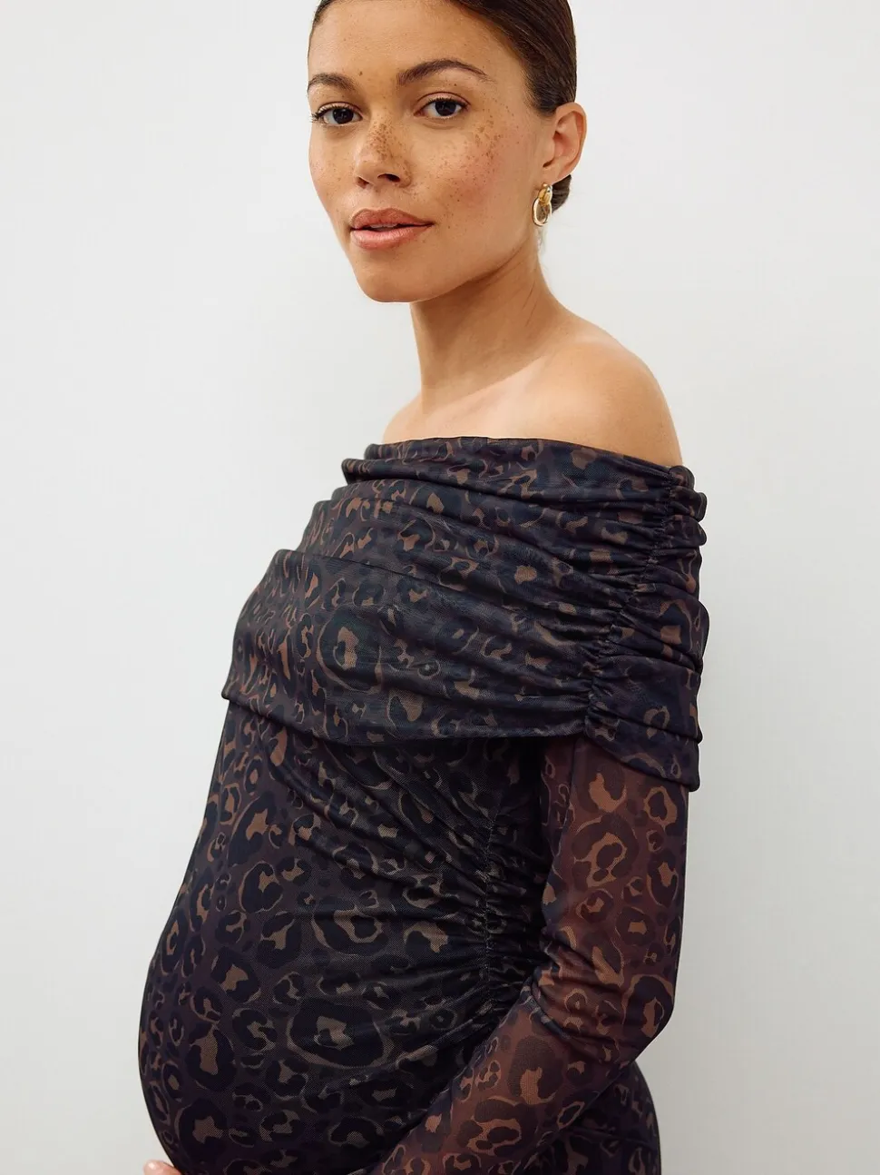 Black Animal Print Maternity Mesh Bardot Dress