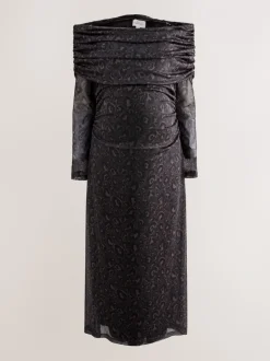 Black Animal Print Maternity Mesh Bardot Dress