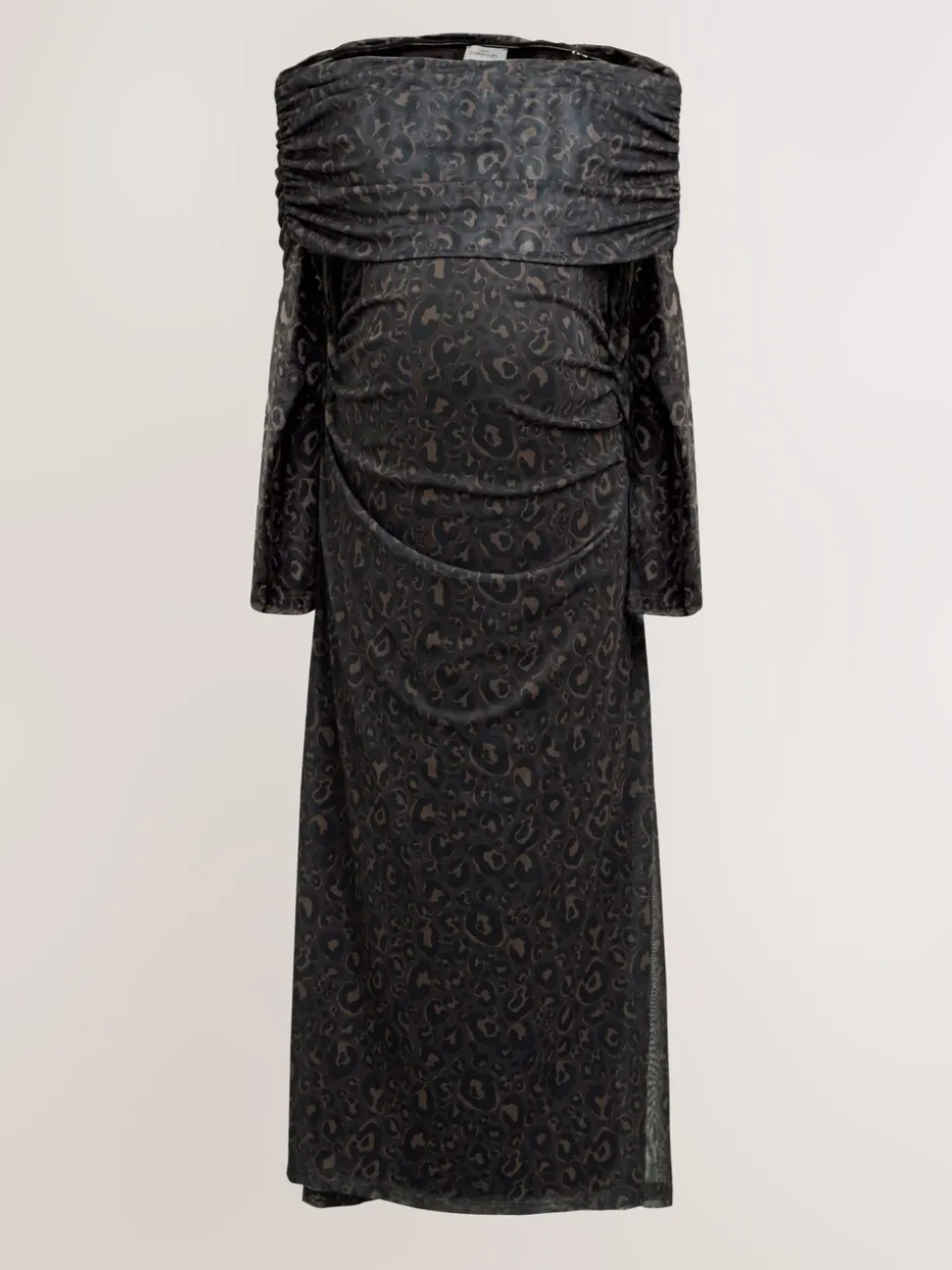 Black Animal Print Maternity Mesh Bardot Dress