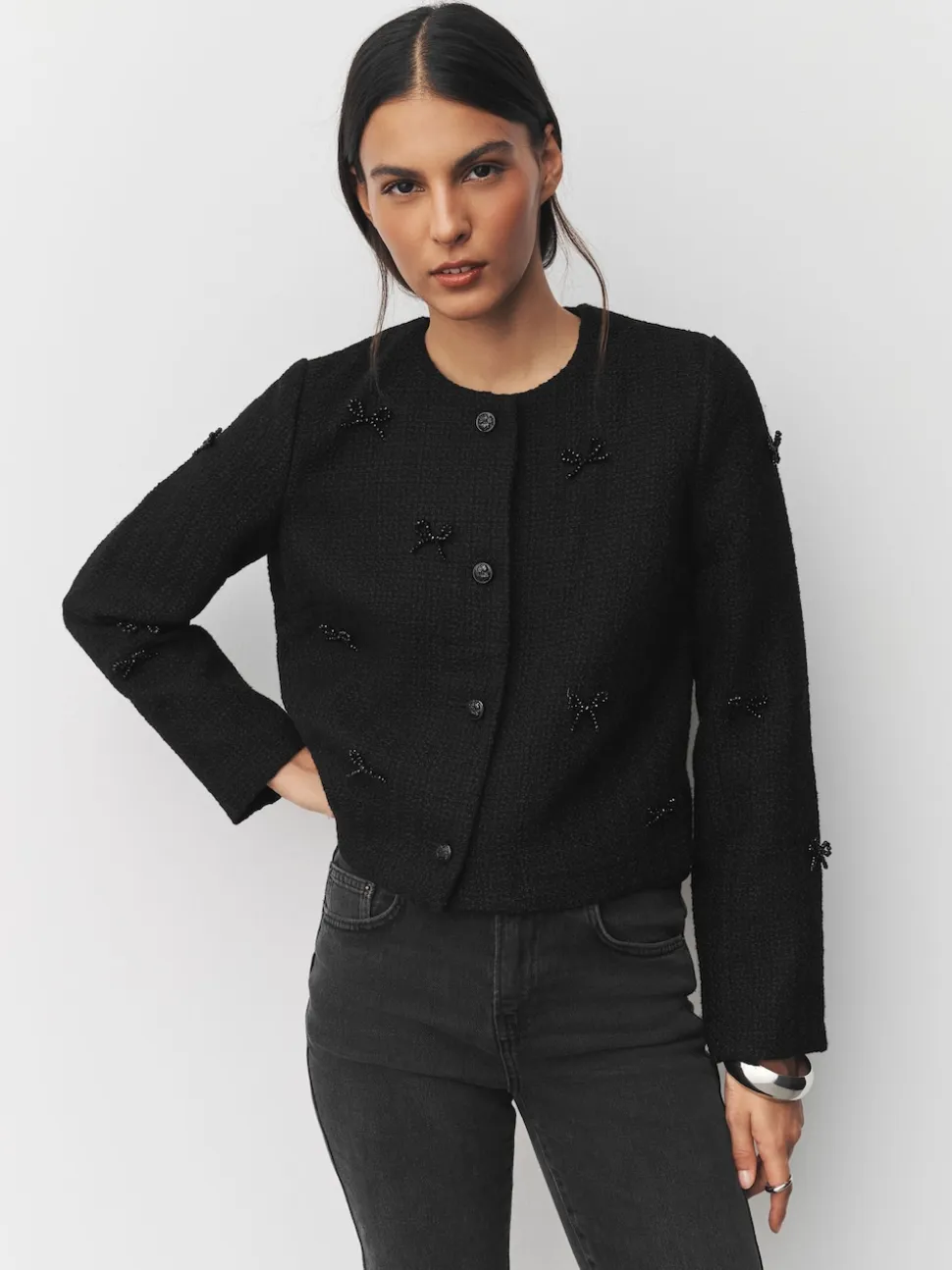 Black Beaded Bow Boucle Jacket