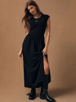 Black Cap Sleeve Shirred Body Jersey Midi Dress