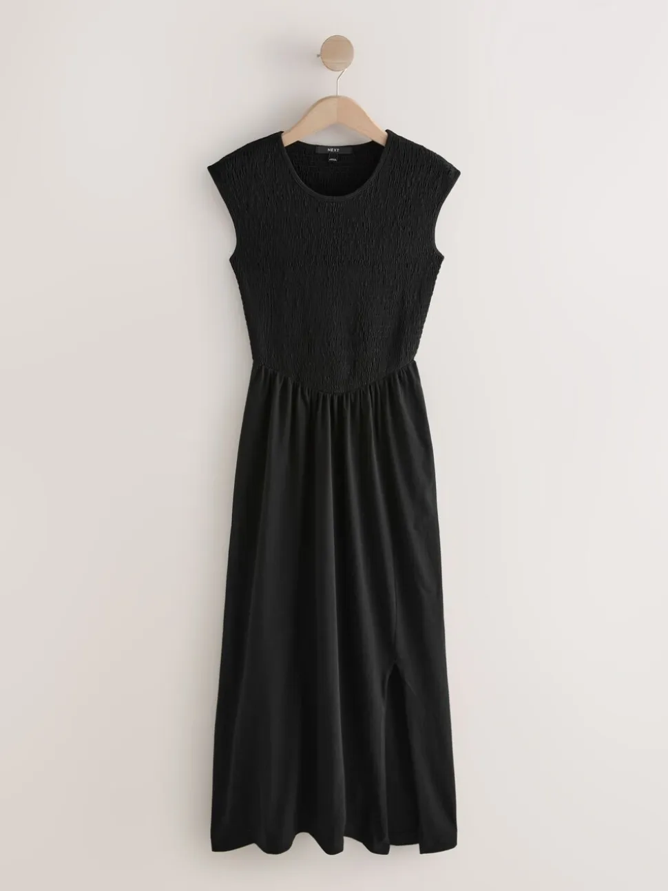 Black Cap Sleeve Shirred Body Jersey Midi Dress