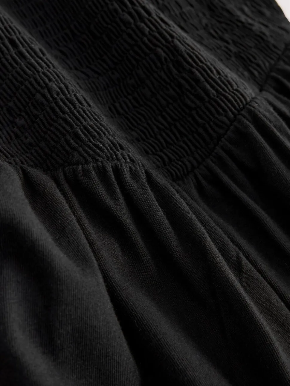 Black Cap Sleeve Shirred Body Jersey Midi Dress