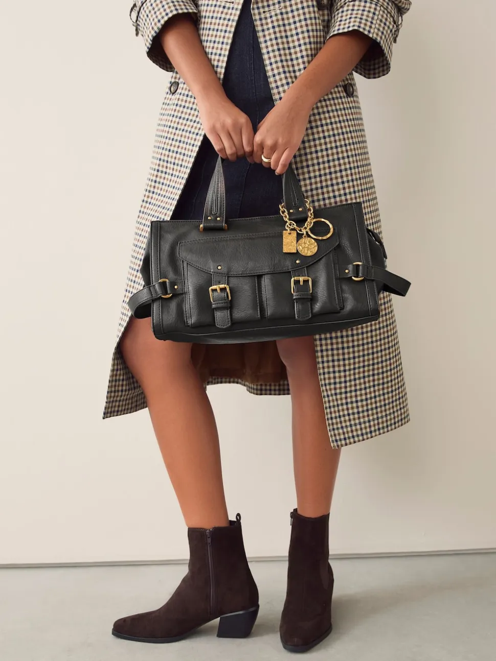 Black Charm Buckle Hand Held Bag