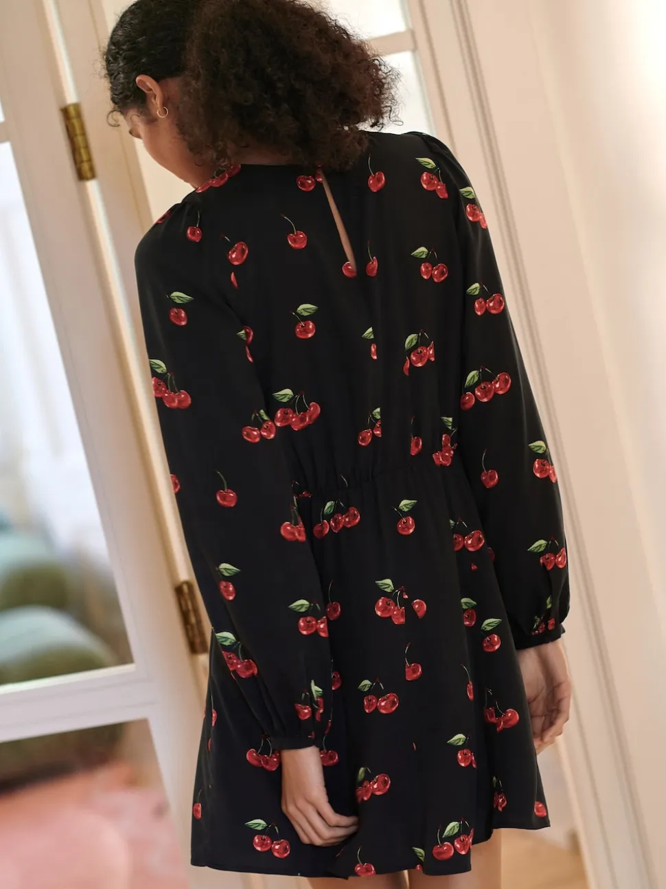 Black Cherry Print Mini Long Sleeve A-Line Seam Detail Dress