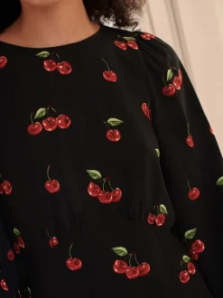 Black Cherry Print Mini Long Sleeve A-Line Seam Detail Dress