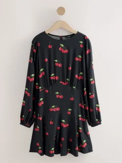 Black Cherry Print Mini Long Sleeve A-Line Seam Detail Dress