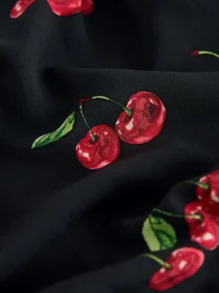 Black Cherry Print Mini Long Sleeve A-Line Seam Detail Dress