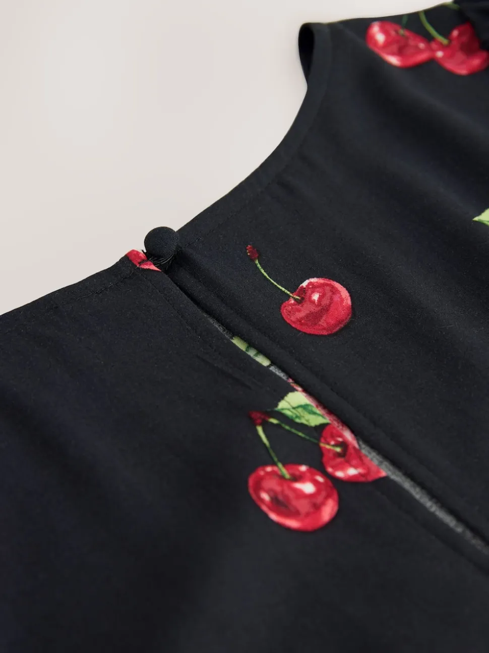 Black Cherry Print Mini Long Sleeve A-Line Seam Detail Dress