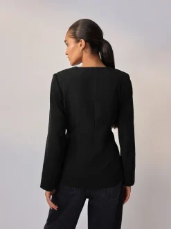 Black Collarless V-Neck Blazer