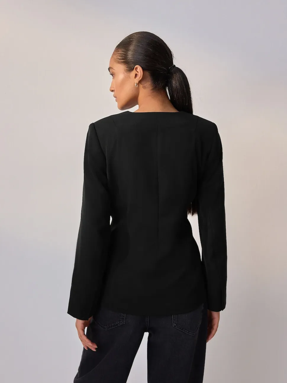 Black Collarless V-Neck Blazer