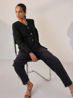 Black Collarless V-Neck Blazer