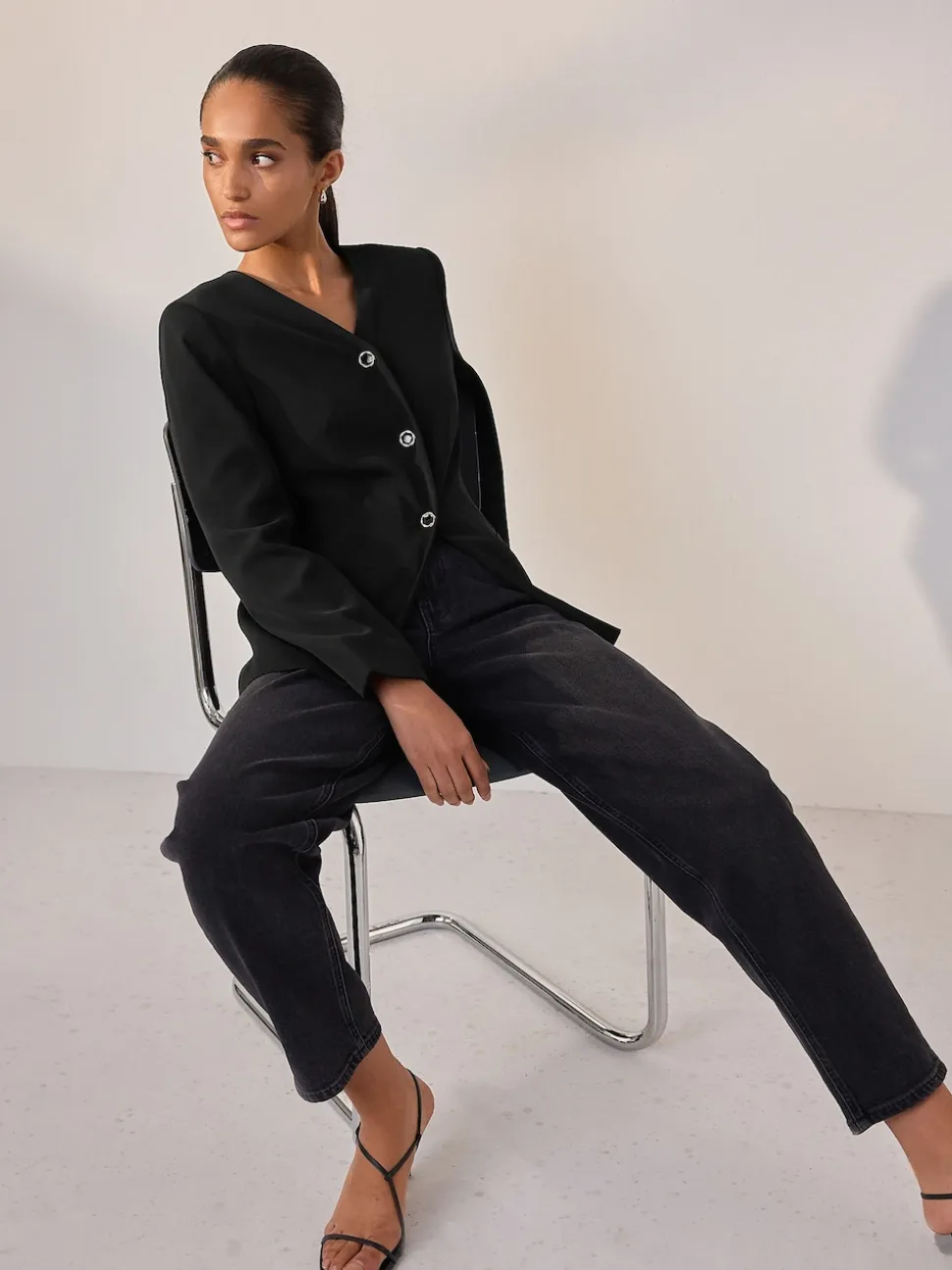 Black Collarless V-Neck Blazer