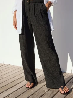Black Crinkle Textured Wide Leg Trousers With Linen