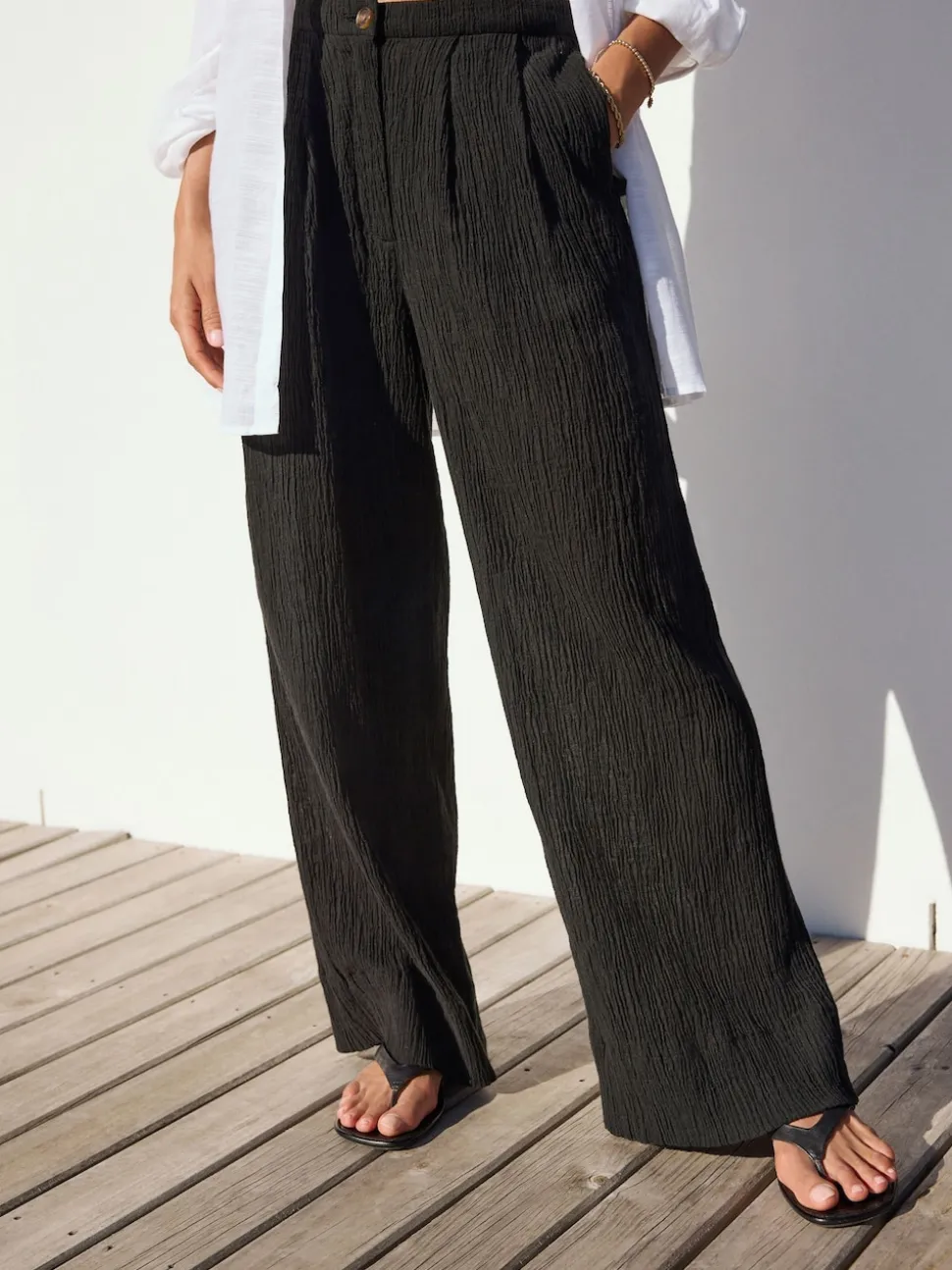 Black Crinkle Textured Wide Leg Trousers With Linen