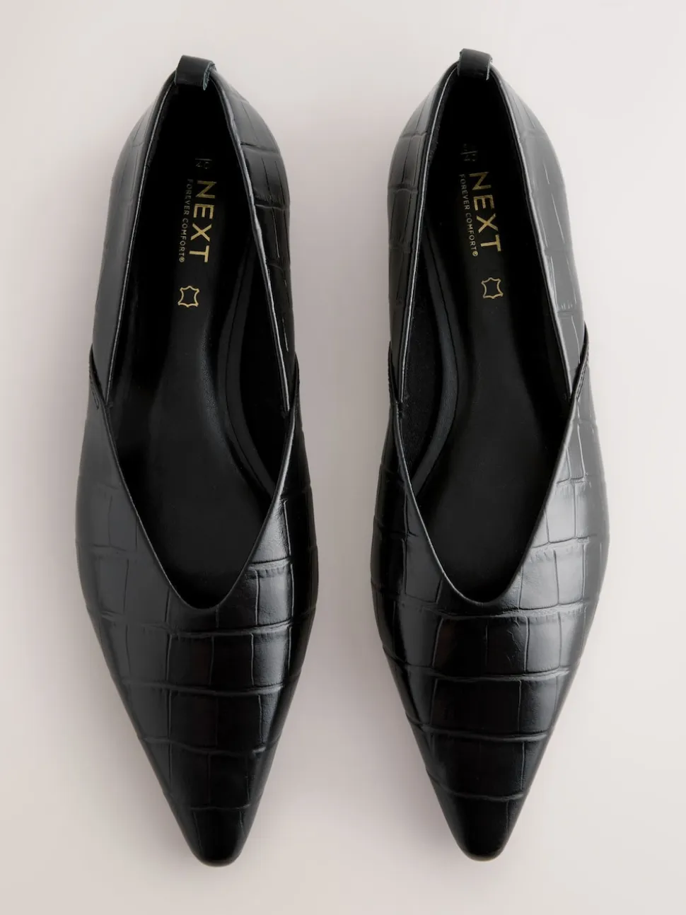 Black Croc Effect Premium Leather Pointed Toe Ballerinas