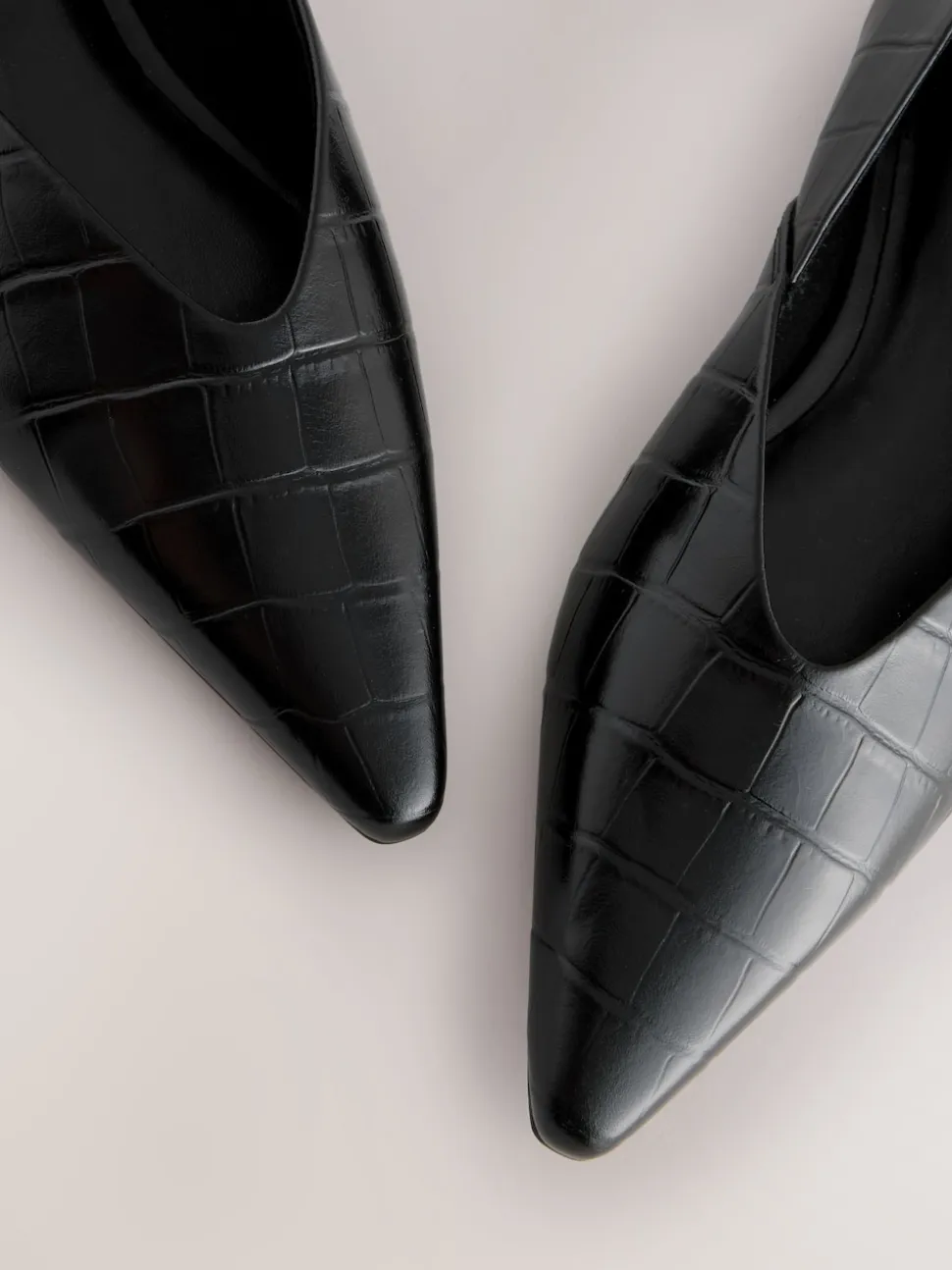 Black Croc Effect Premium Leather Pointed Toe Ballerinas