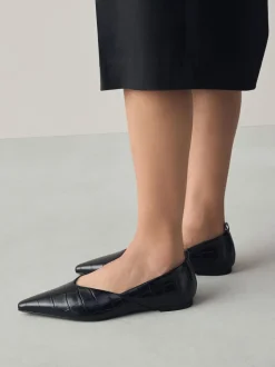 Black Croc Effect Premium Leather Pointed Toe Ballerinas
