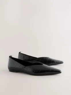 Black Croc Effect Premium Leather Pointed Toe Ballerinas