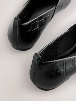 Black Croc Effect Premium Leather Pointed Toe Ballerinas