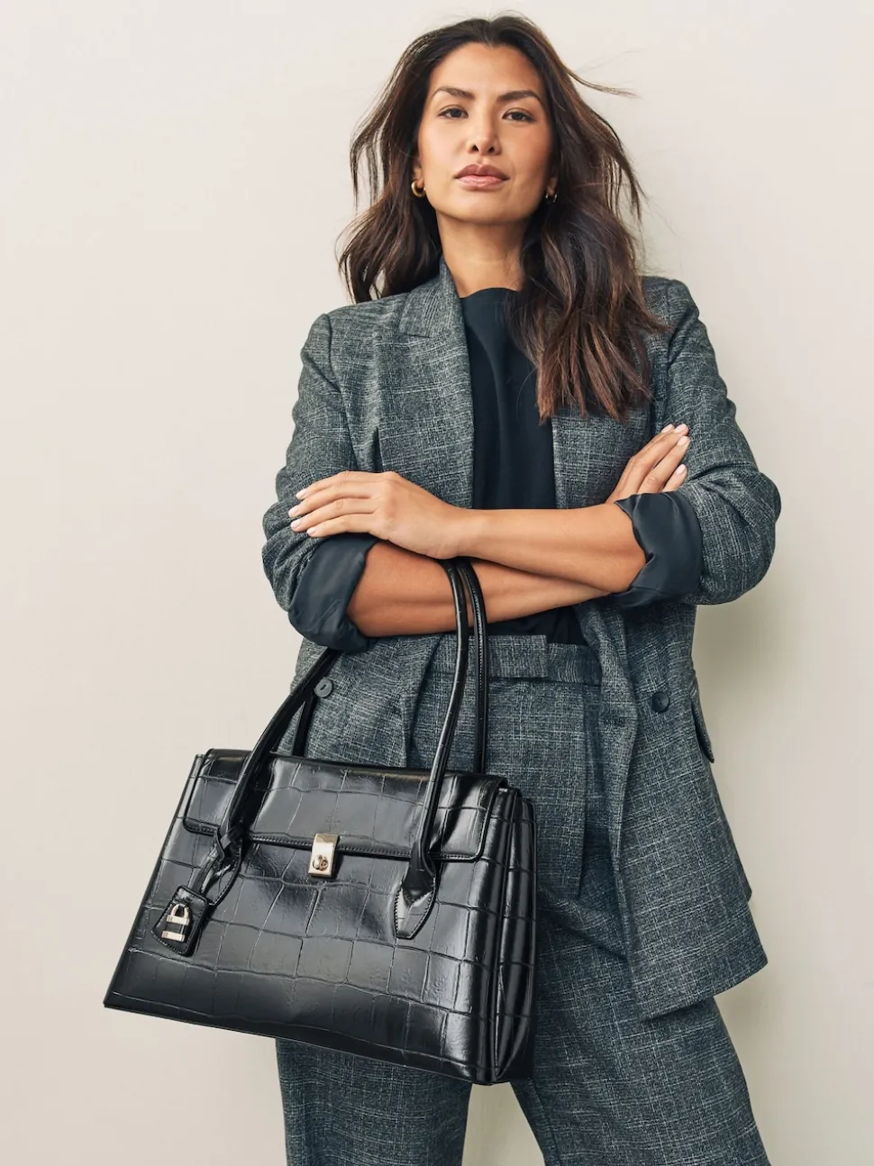 Black Croc Effect Shoulder Bag