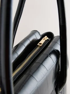 Black Croc Effect Shoulder Bag