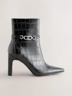 Black Croc Embossed Forever Comfort® Hardware Trim Heeled Ankle Boots