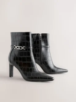 Black Croc Embossed Forever Comfort® Hardware Trim Heeled Ankle Boots