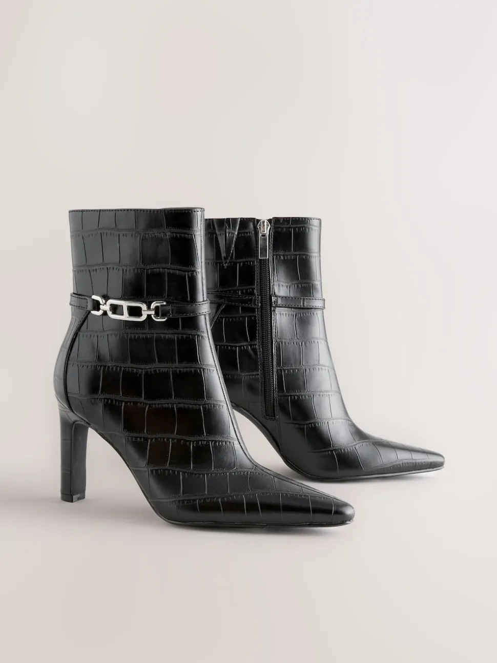 Black Croc Embossed Forever Comfort® Hardware Trim Heeled Ankle Boots