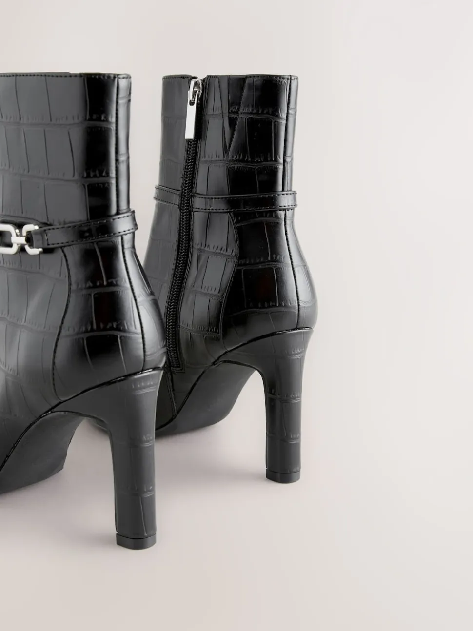 Black Croc Embossed Forever Comfort® Hardware Trim Heeled Ankle Boots
