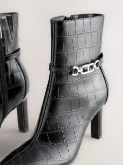 Black Croc Embossed Forever Comfort® Hardware Trim Heeled Ankle Boots