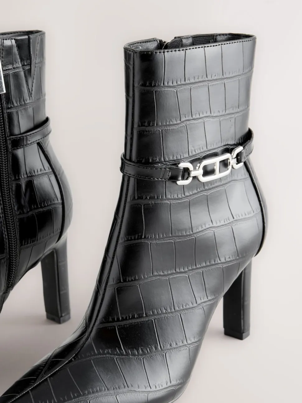 Black Croc Embossed Forever Comfort® Hardware Trim Heeled Ankle Boots