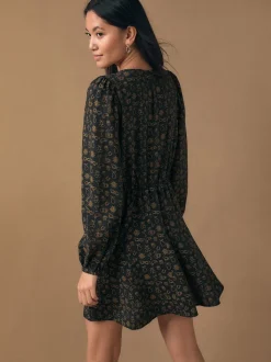Black Croissant Print Mini Long Sleeve A-Line Seam Detail Dress