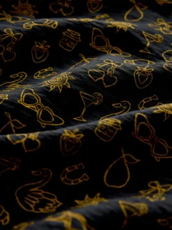 Black Croissant Print Mini Long Sleeve A-Line Seam Detail Dress