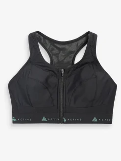 Black DD+ Active Sports Zip Front Dry Tech High Impact Bra