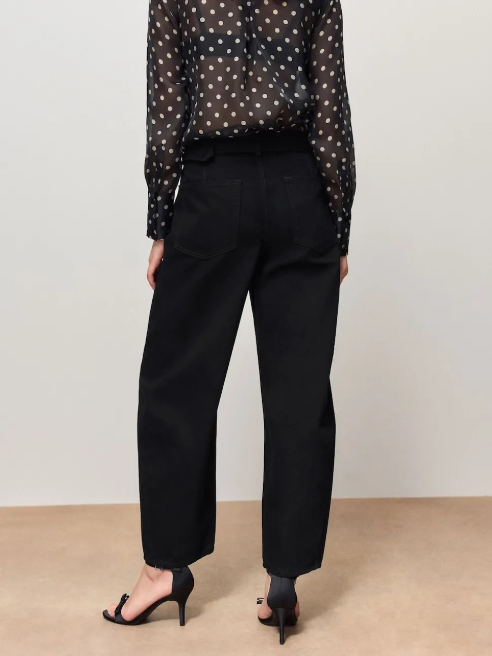 Black Denim Belted Barrel Jeans