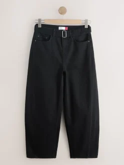 Black Denim Belted Barrel Jeans