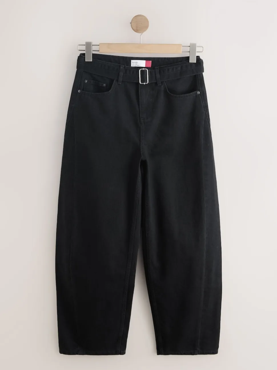 Black Denim Belted Barrel Jeans
