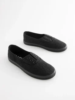 Black Embroidered Laceless Canvas Slip On Trainers