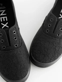 Black Embroidered Laceless Canvas Slip On Trainers