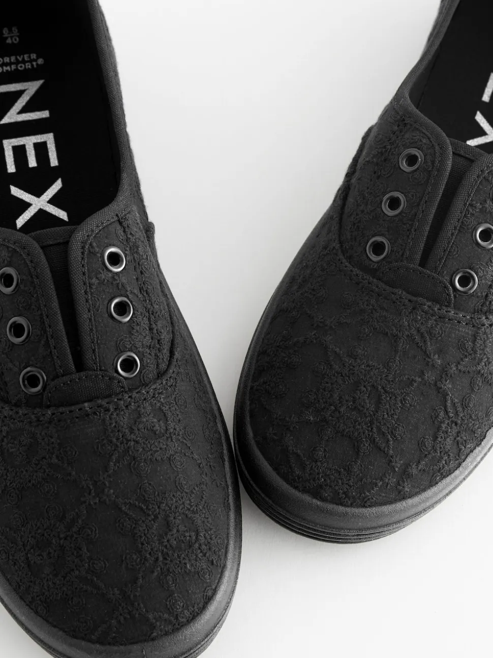 Black Embroidered Laceless Canvas Slip On Trainers
