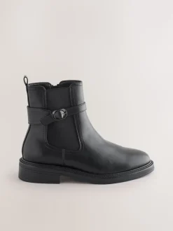 Black Extra Wide Fit Buckled Chelsea Boots