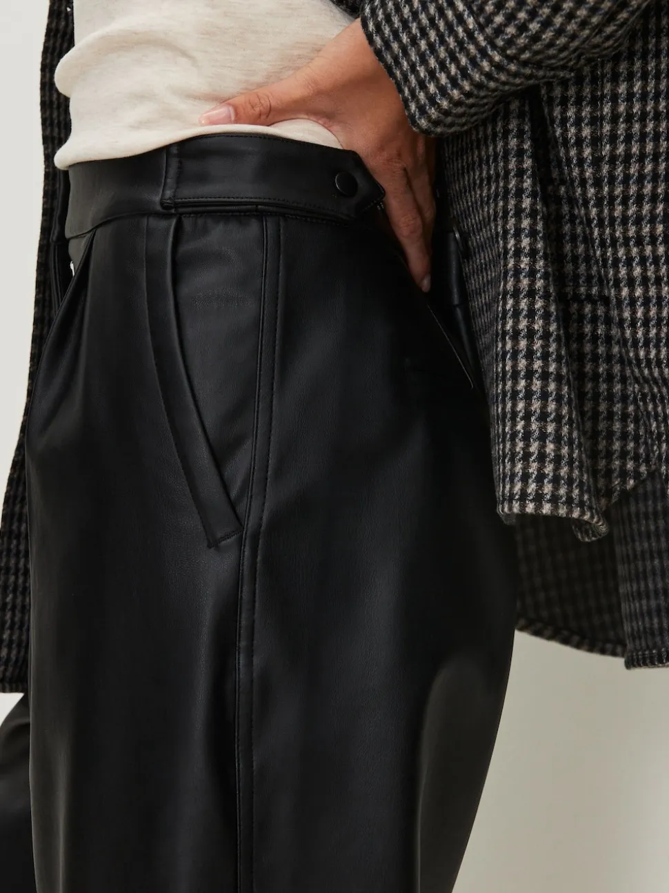 Black Faux Leather Barrel Leg Trousers