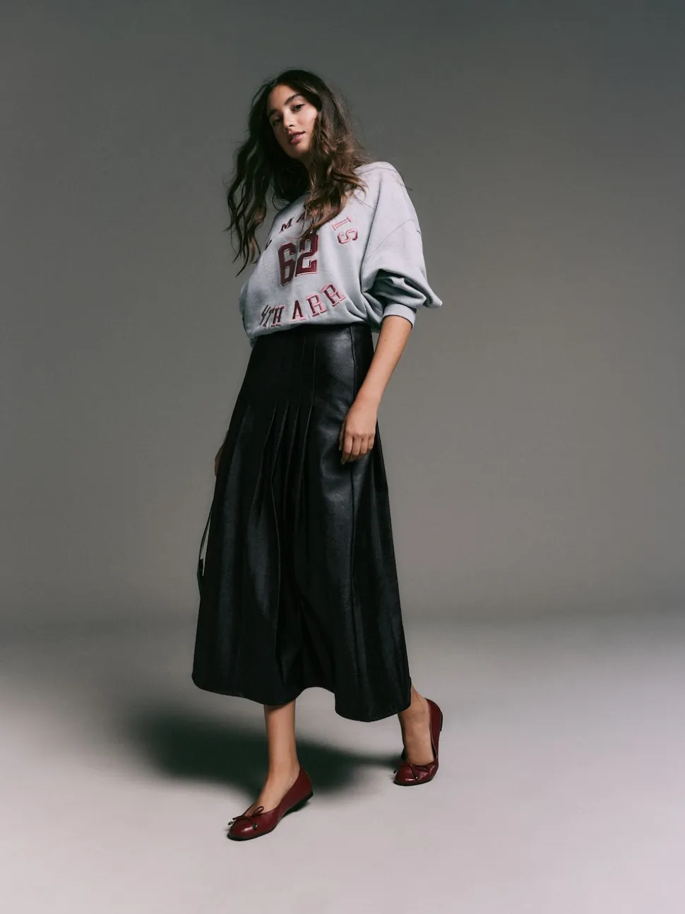 Black Faux Leather Midi Kilt Skirt