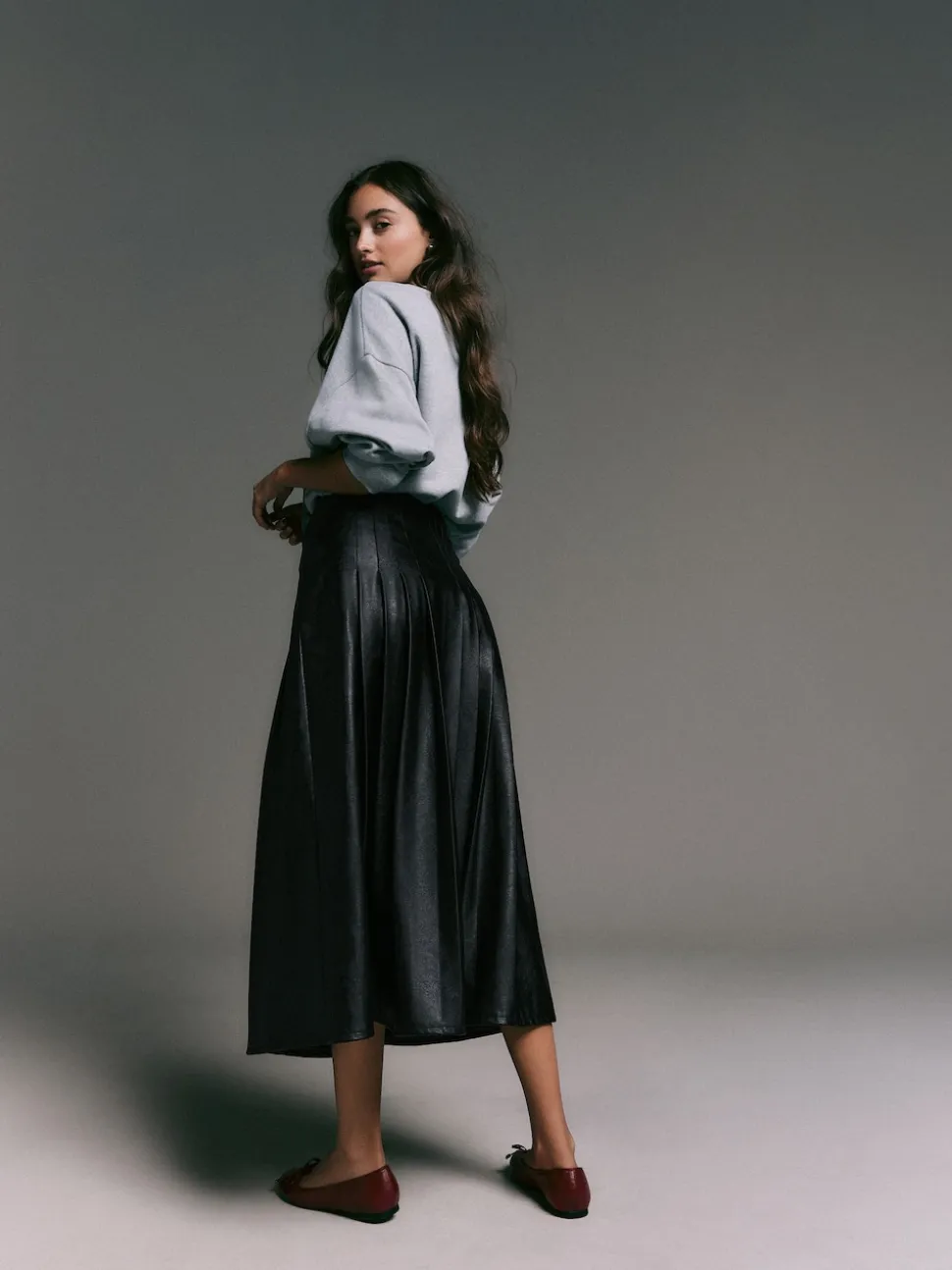 Black Faux Leather Midi Kilt Skirt