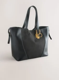 Black Faux Suede Mix Charm Shoulder Bag